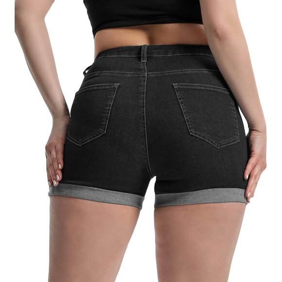 Grey High Waisted Summer Elastic Folded Hot Denim Hem Shorts for Women - Picture 2 of 5